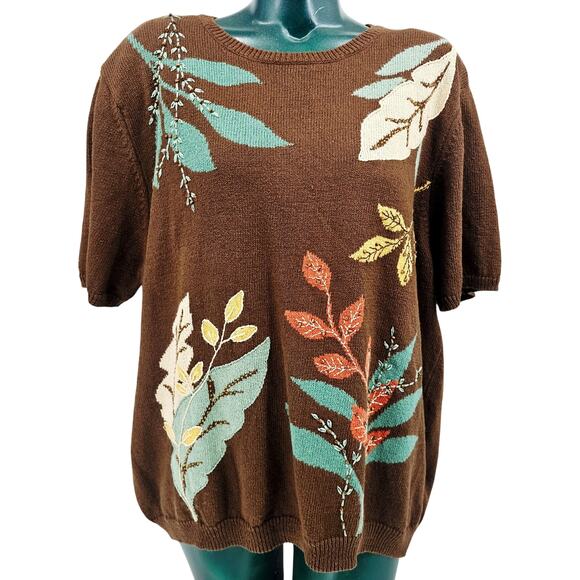 Vintage Fall Leaves Knit Sweater Short Sleeve Alfred Dunner Women's Plus 2X 3645 - Picture 1 of 7